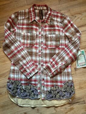 Aratta Brown, Red & Cream Plaid Embroidered-Hem Button Front Jacket